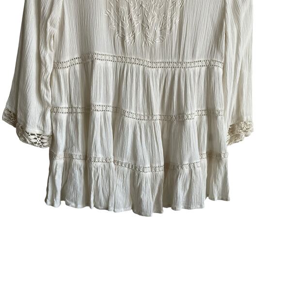 Japna Women Crop Top XS Ivory Embroidered Gauzy Crochet Inlet Boho Peasant Flowy - Picture 5 of 10